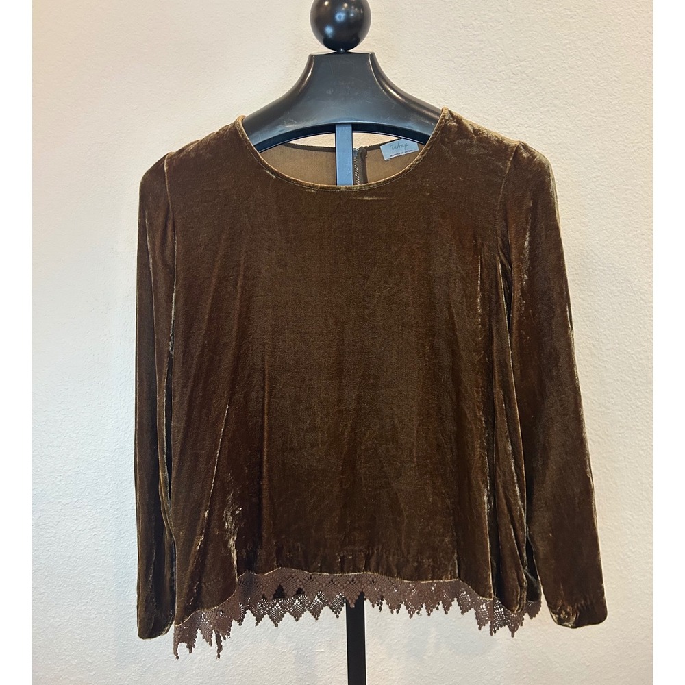 Wrap London Brown Velvet Lace Hem Blouse Long Sleeve Back Zip Top
